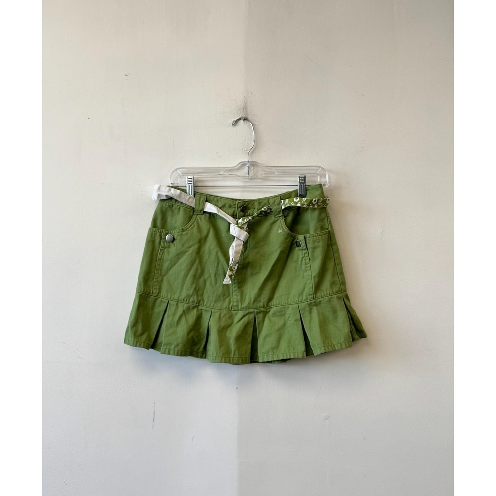 Vintage Mossimo Skirt Womens Small 28" Green Pleated Twill Belted Mini‎ Y2K